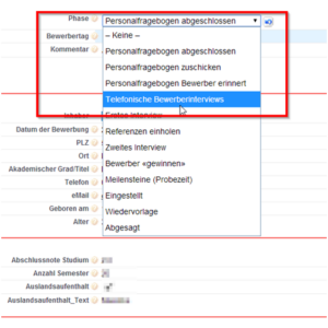 Abbildung 9 Der Status des Bewerbers kann jederzeit gepflegt werden und zeigt an in welcher Phase des Prozesses sich der Bewerber befindet.