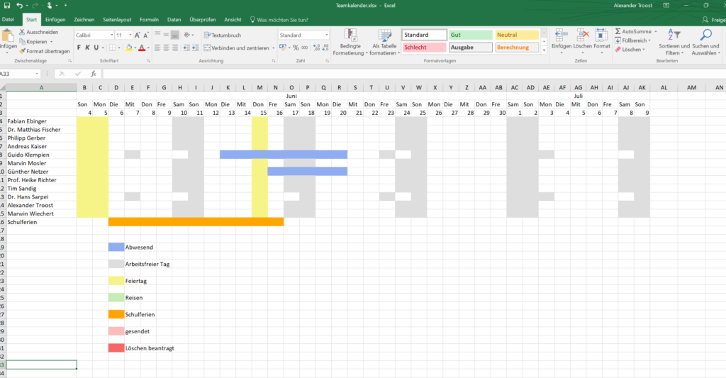 Excelexport Teamkalender