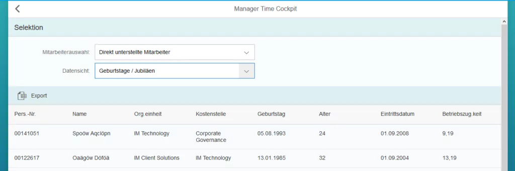 Manager Time Cockpit: Mitarbeiterdaten