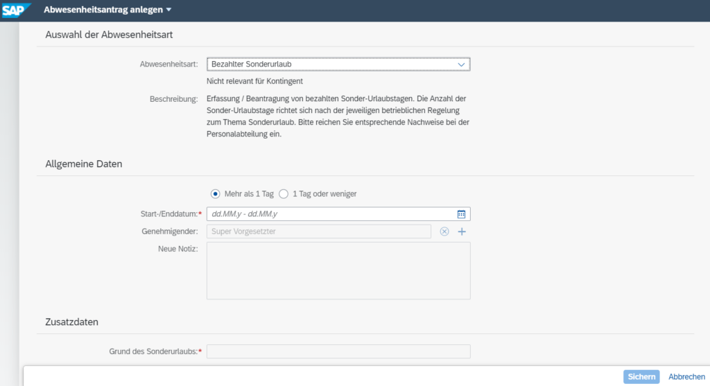 Fiori Abwesenheitsantrag mit Suchhilfe und dabei im Standard bleiben