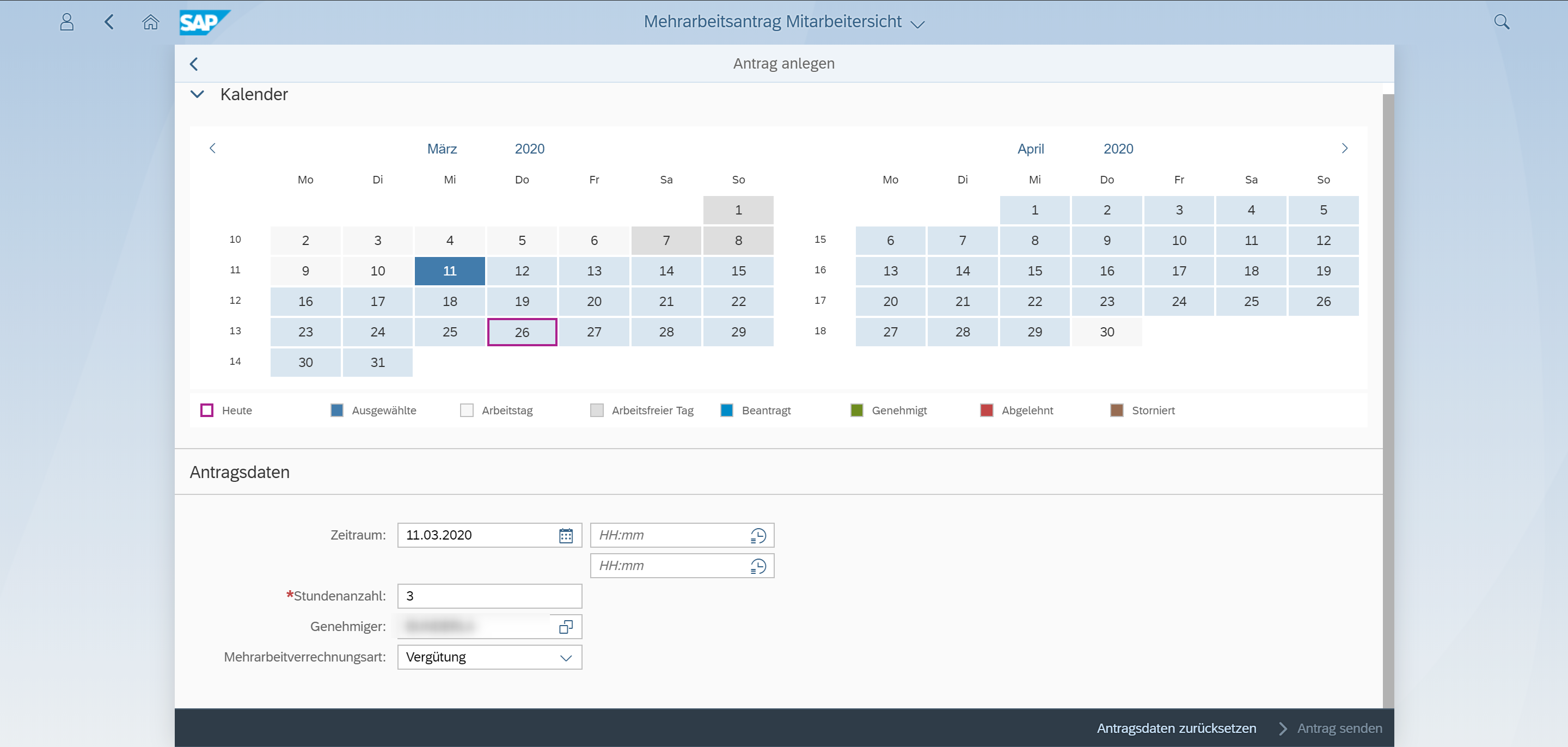 Fiori Mehrarbeitsantrag aus der Mitarbeitersicht