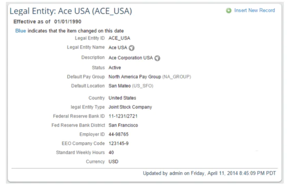 Beispielhafter Objektdatensatz für die ACE USA Legal Entity.