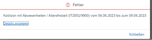 Fehlermeldung bei Einreichen von Krankheit während anderer erfasster Abwesenheit
