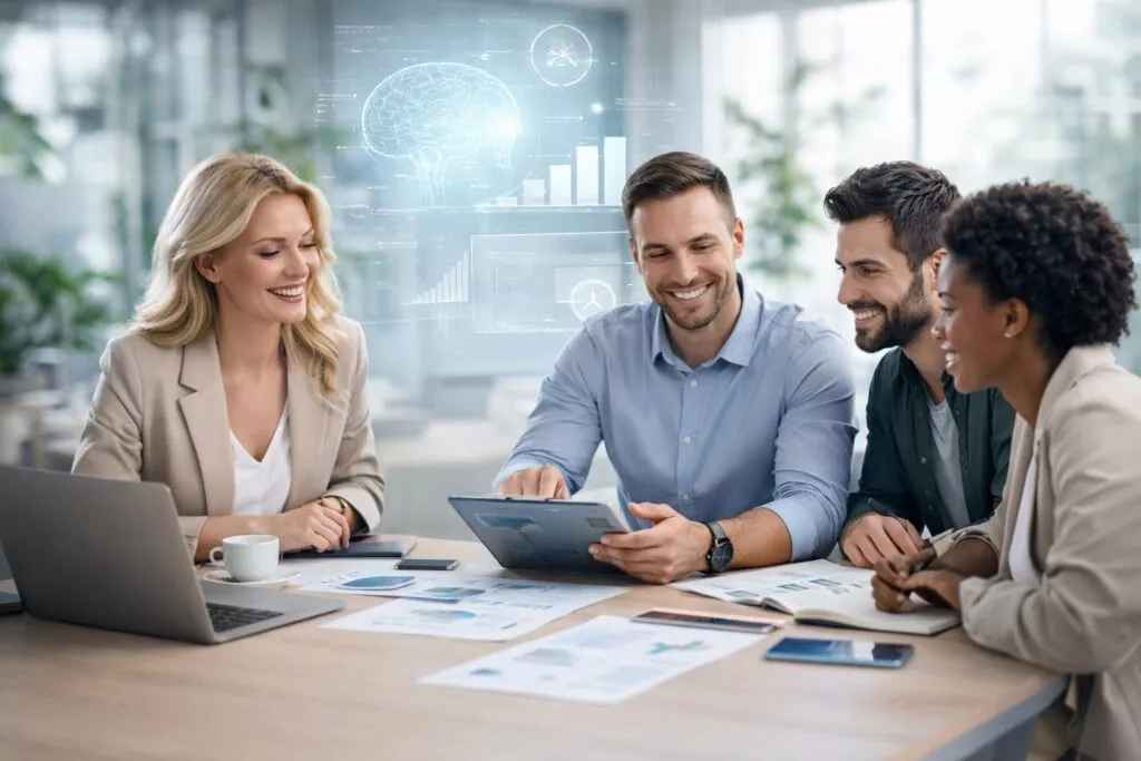 Business-Leute sitzen zusammen und evaluieren Use Cases und technische Anforderungen im Zuge einer KI-Potenzialanalyse.