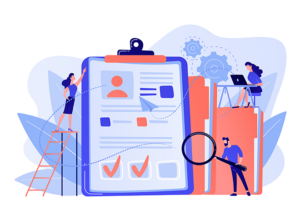 Überdimensionales Klemmbrett mit einem Lebenslauf, daneben ein Mann mit einer großen Lupe